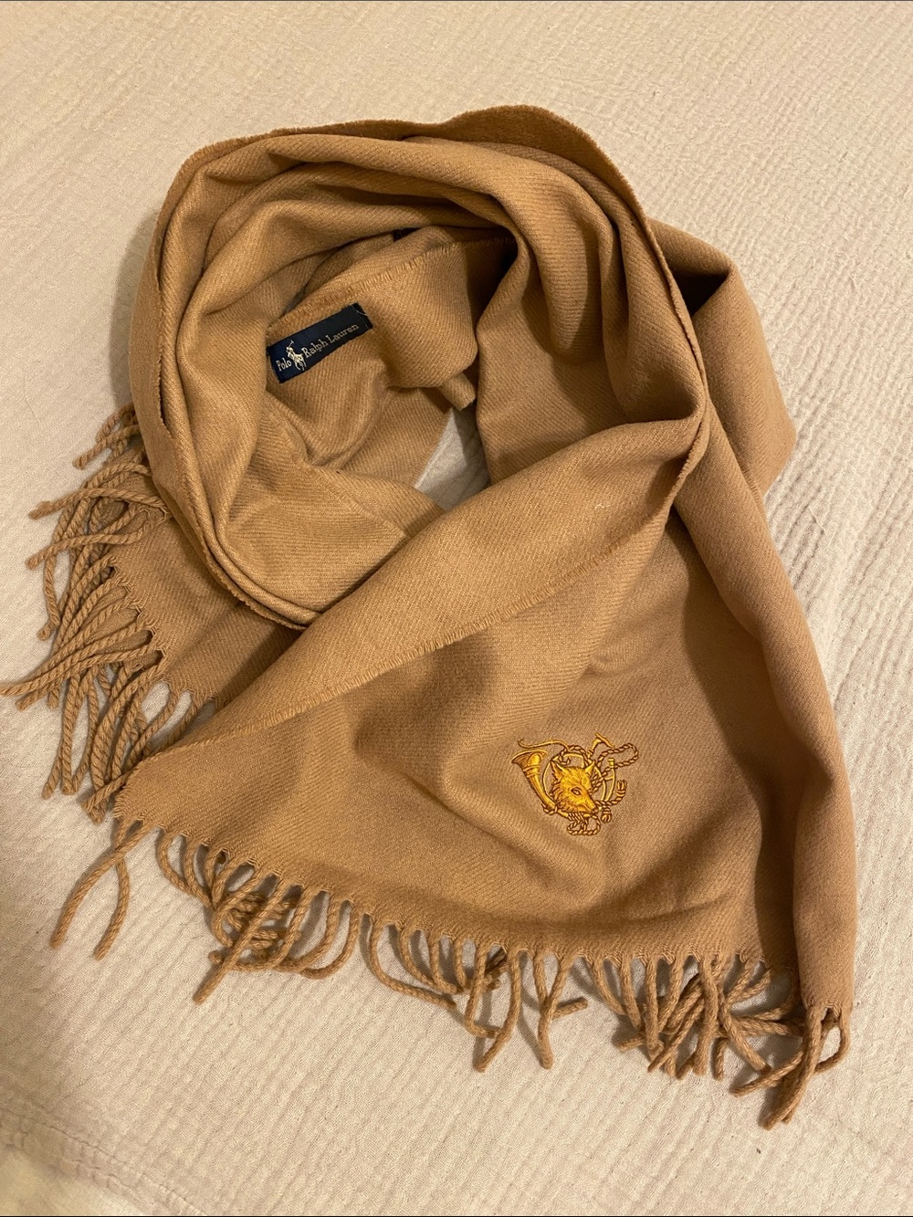 Polo by Ralph Lauren Cashmere Tan Fringed Wool Scarf with Embroidered Crest